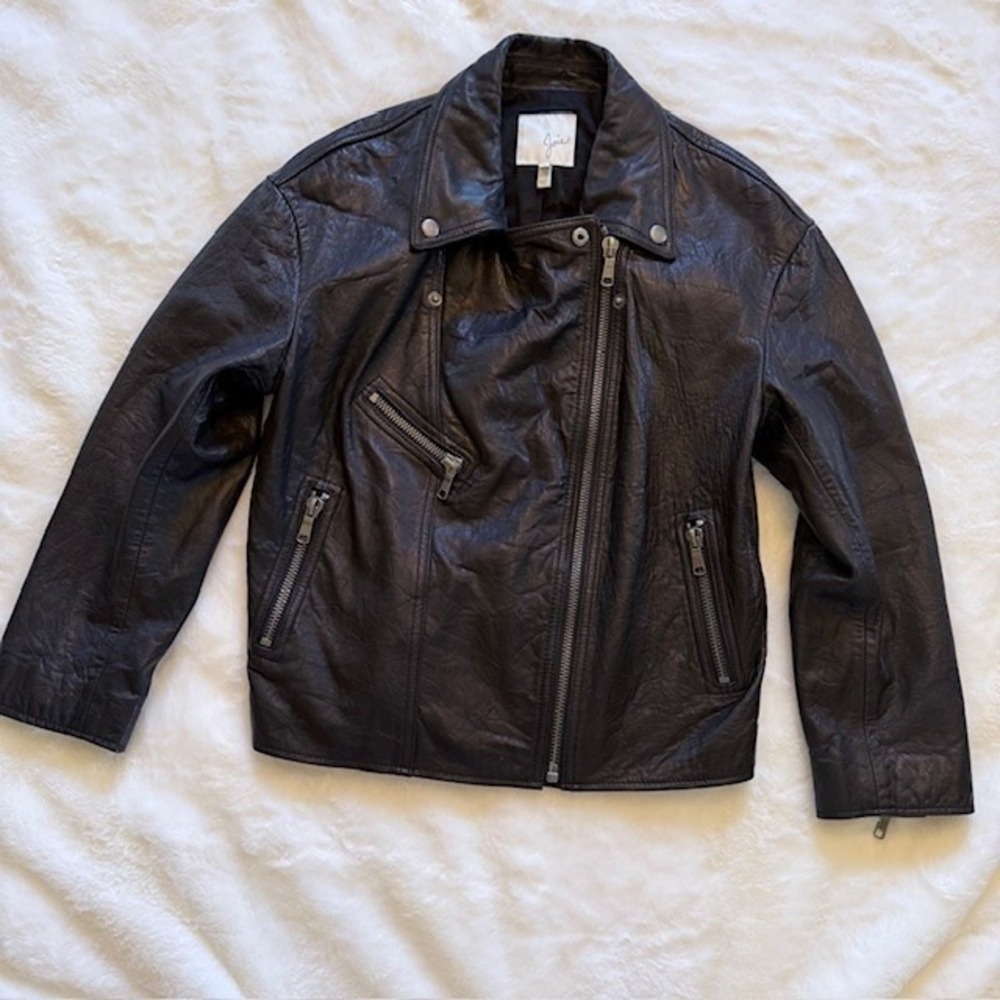 Joie Viva La Femme Black Lamb Leather Moto Jacket Floral Graphic  Size M - Picture 4 of 11